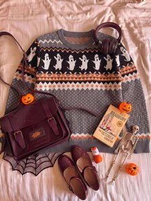 CovetEZ Fall New Grey Ghost Graphic Crew Neck Long Sleeve Women's Knit Sweater, Suitable For Daily Everyday Going Out Commute, Dating, Gathering, Halloween - Multicolor - View 8