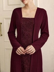 Graceveil Autumn/Winter Burgundy Lace Patchwork Long Sleeve Elegant Long Dress For Wedding And Evening Party - Burgundy - View 3