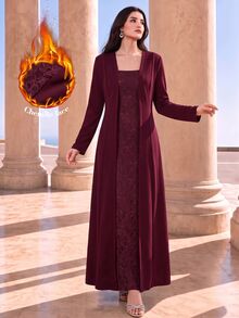 Graceveil Autumn/Winter Burgundy Lace Patchwork Long Sleeve Elegant Long Dress For Wedding And Evening Party - Burgundy - View 1