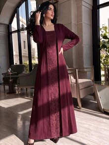 Graceveil Autumn/Winter Burgundy Lace Patchwork Long Sleeve Elegant Long Dress For Wedding And Evening Party - Burgundy - View 8