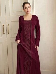 Graceveil Autumn/Winter Burgundy Lace Patchwork Long Sleeve Elegant Long Dress For Wedding And Evening Party - Burgundy - View 6