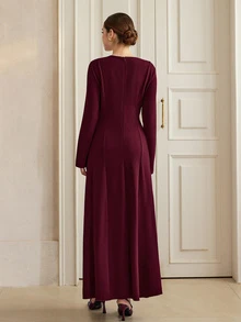 Graceveil Autumn/Winter Burgundy Lace Patchwork Long Sleeve Elegant Long Dress For Wedding And Evening Party - Burgundy - View 2