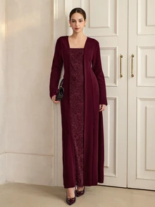 Graceveil Autumn/Winter Burgundy Lace Patchwork Long Sleeve Elegant Long Dress For Wedding And Evening Party - Burgundy - View 5