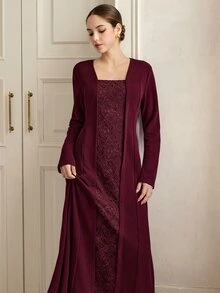 Graceveil Autumn/Winter Burgundy Lace Patchwork Long Sleeve Elegant Long Dress For Wedding And Evening Party - Burgundy - View 7