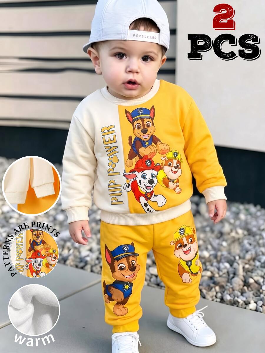SHEIN | PAW Patrol Baby Boys 2pcs Cartoon Graphic Print Colorblock Crew Neck Long Sleeve Sweatshirt And Sweatpants Set - Multicolor - View 1