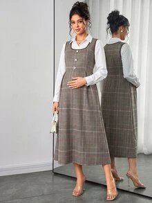 SHEIN Maternity Dress Autumn Vintage Plaid Tank Dress High Neck Knitted Base Layer Cinched Waist A-Line Short Strap Dress 2 Pieces Set - Brown - View 5