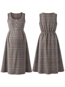SHEIN Maternity Dress Autumn Vintage Plaid Tank Dress High Neck Knitted Base Layer Cinched Waist A-Line Short Strap Dress 2 Pieces Set - Brown - View 9