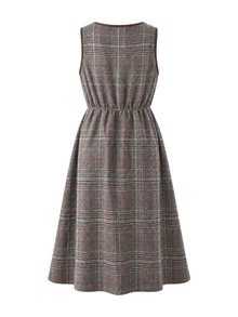 SHEIN Maternity Dress Autumn Vintage Plaid Tank Dress High Neck Knitted Base Layer Cinched Waist A-Line Short Strap Dress 2 Pieces Set - Brown - View 7