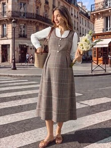 SHEIN Maternity Dress Autumn Vintage Plaid Tank Dress High Neck Knitted Base Layer Cinched Waist A-Line Short Strap Dress 2 Pieces Set - Brown - View 1