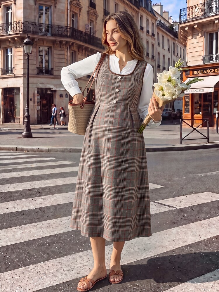 SHEIN Maternity Dress Autumn Vintage Plaid Tank Dress High Neck Knitted Base Layer Cinched Waist A-Line Short Strap Dress 2 Pieces Set - Brown - View 1