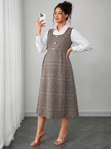 SHEIN Maternity Dress Autumn Vintage Plaid Tank Dress High Neck Knitted Base Layer Cinched Waist A-Line Short Strap Dress 2 Pieces Set - Brown - View 4