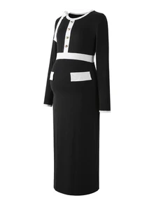 SHEIN فستان حمل نسائي أنيق وعصري باللون الأسود بأكمام طويلة وأزرار زخرفية للخريف - الأسود - مشاهدة 7
