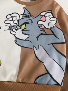 TOM & JERRY X SHEIN 2件組男童卡通拼色印花長袖運動衫與長褲套裝，柔軟休閒服飾，適合春秋日常穿著與玩耍 - 彩色 - 查看 7