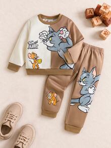 TOM & JERRY X SHEIN 2件組男童卡通拼色印花長袖運動衫與長褲套裝，柔軟休閒服飾，適合春秋日常穿著與玩耍 - 彩色 - 查看 3