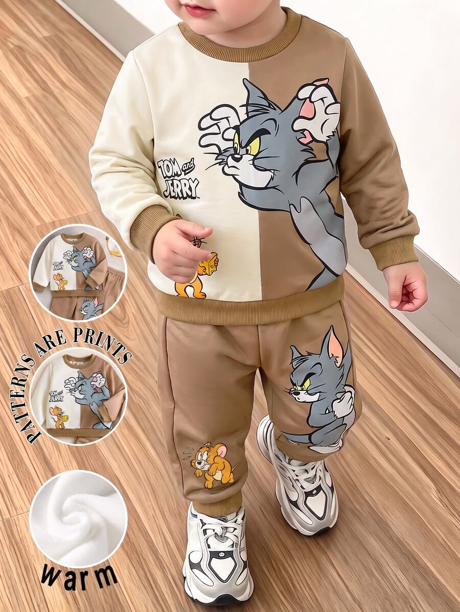 TOM & JERRY X SHEIN 2件組男童卡通拼色印花長袖運動衫與長褲套裝,柔軟休閒服飾,適合春秋日常穿著與玩耍 - 彩色 - 查看 1