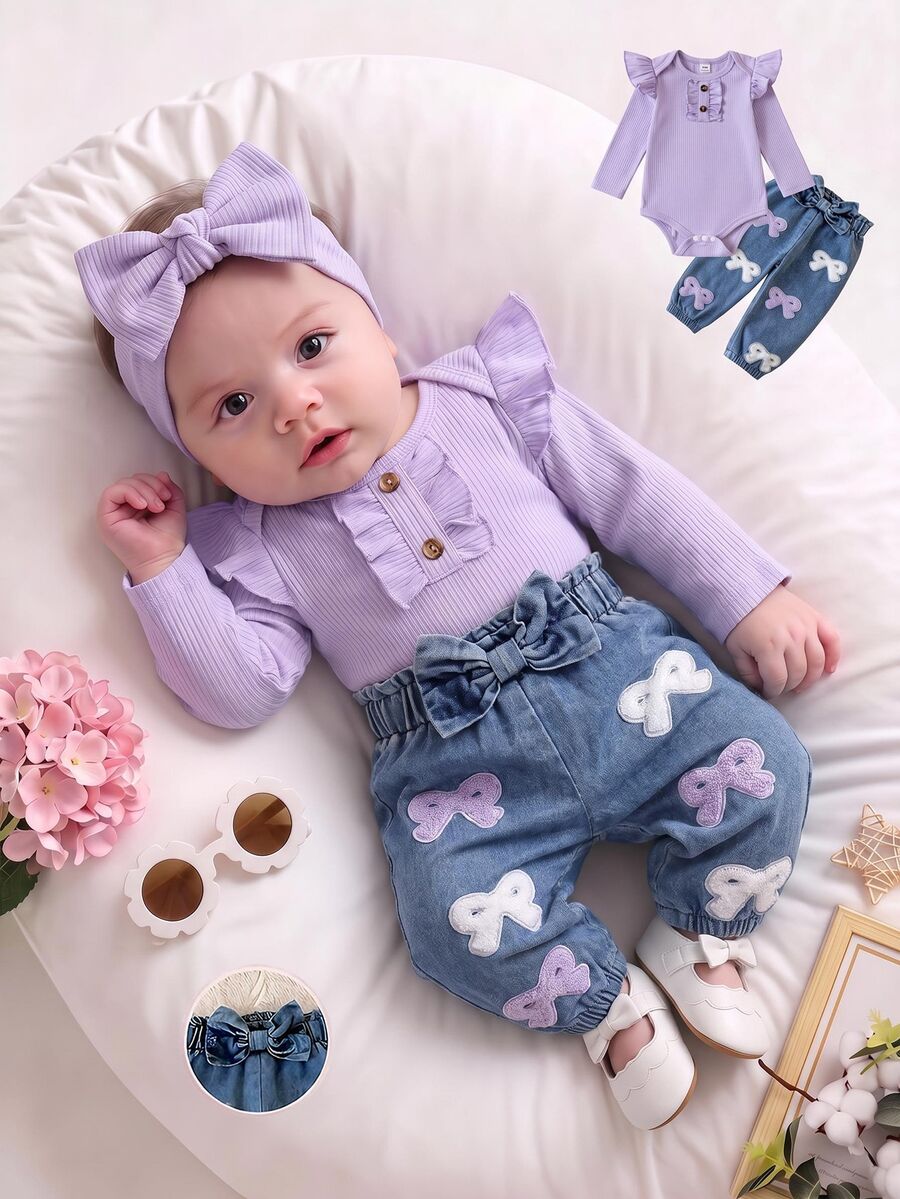 SHEIN طقم جينز رومبر للبنات الرضع 2 قطعة، بنفسجي وأزرق، لطيف مع كشكشة وضلوع وفيونكة وتطريز، أكمام طويلة وياقة دائرية، مقاس عادي، لعيد الميلاد والشتاء والكريسماس، بوتيك جينز - الأرجواني - مشاهدة 1
