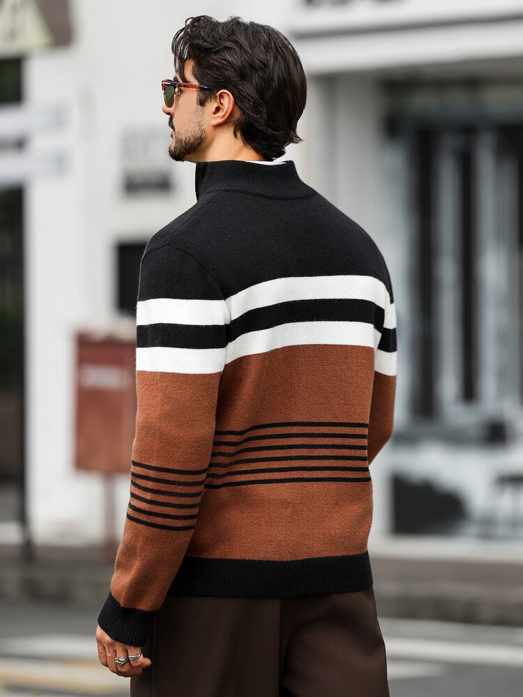 RONVEXI Men's Half-Zip High Neck Long Sleeve Pullover Sweater, Casual Knit Autumn/Winter, Brown And Black Colorblock Loose Fit Fashionable Versatile Striped Pullover Sweater, Old Money - Multicolor - View 4