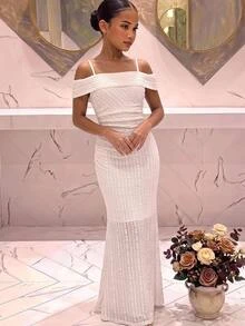 SHEIN Tween Girl Tween Girls Elegant Fashion Versatile Daily Lace Ruched Waist Ruffle Ruched Exquisite Criss-Cross Hem Slit Mermaid Skirt, Solid Color Sleeveless Ruffle Lace Fitted Snug Fit Long Dress Evening Gown, Suitable For Ceremonies, Parties, Christmas, Graduation Prom - Champagne - View 1