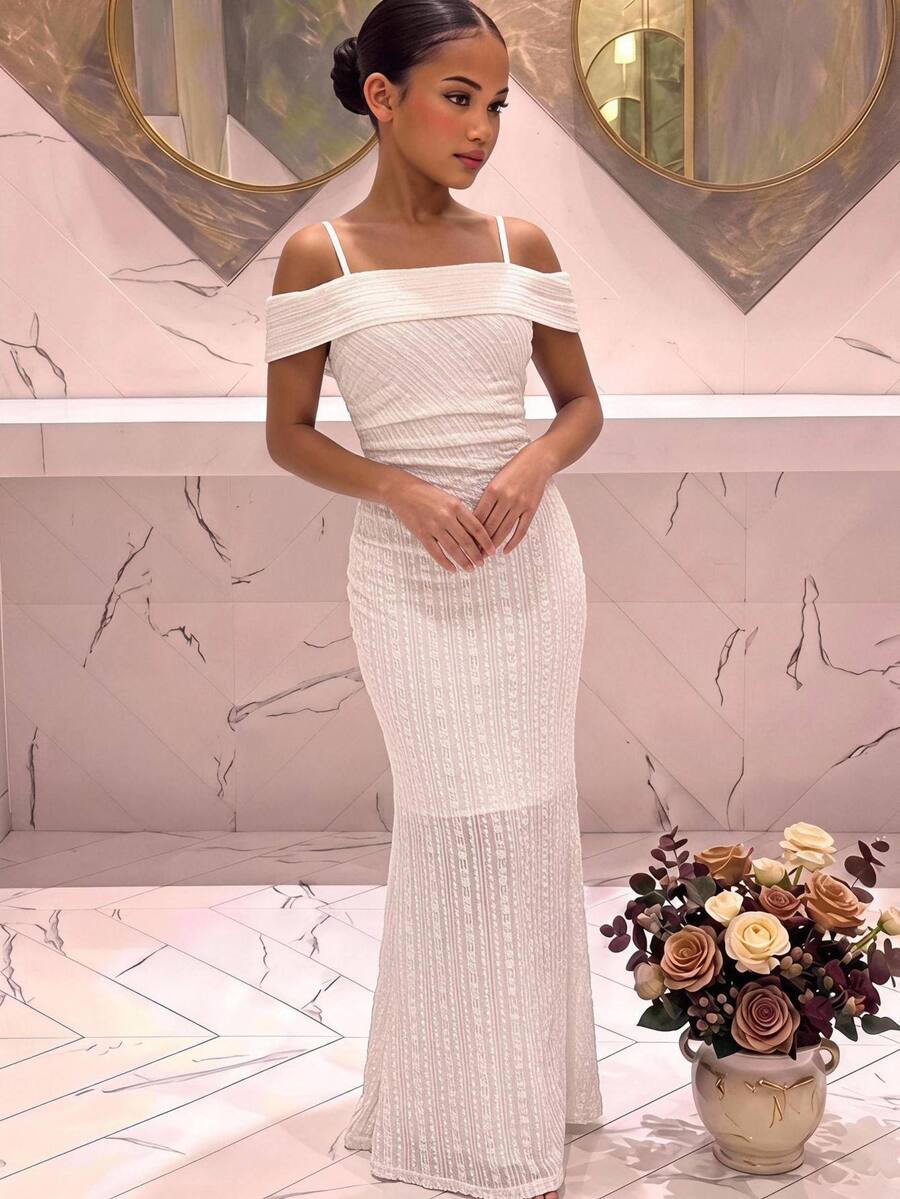 SHEIN Tween Girl Tween Girls Elegant Fashion Versatile Daily Lace Ruched Waist Ruffle Ruched Exquisite Criss-Cross Hem Slit Mermaid Skirt, Solid Color Sleeveless Ruffle Lace Fitted Snug Fit Long Dress Evening Gown, Suitable For Ceremonies, Parties, Christmas, Graduation Prom - Champagne - View 1