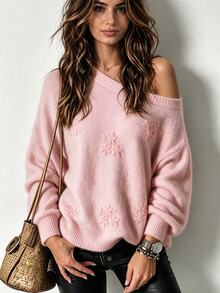 SHEIN New Arrival Women's Autumn & Winter Elegant Commuter Sweater, Hand-Crocheted 3D Pattern, Off-The-Shoulder Boat Neck Pullover, Faux Mink Fur Loose Rela - Baby Pink - View 2