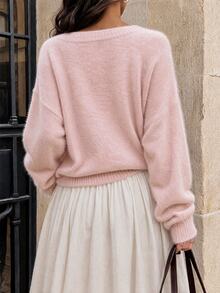 SHEIN New Arrival Women's Autumn & Winter Elegant Commuter Sweater, Hand-Crocheted 3D Pattern, Off-The-Shoulder Boat Neck Pullover, Faux Mink Fur Loose Rela - Baby Pink - View 5