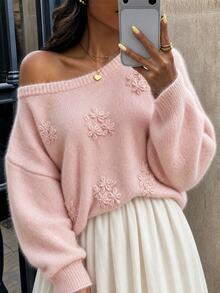 SHEIN New Arrival Women's Autumn & Winter Elegant Commuter Sweater, Hand-Crocheted 3D Pattern, Off-The-Shoulder Boat Neck Pullover, Faux Mink Fur Loose Rela - Baby Pink - View 7