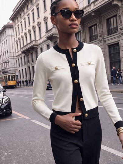 Maija Cardigan basique pour femme en maille tricotée, col rond, manches longues, blocs de couleurs, doux et confortable, style urbain, pour trajets quotidiens, business décontracté, élégant, bureau et brunch