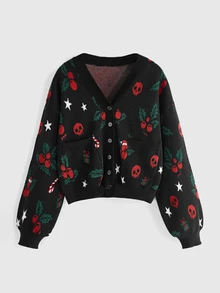 ROMWE Autumn/Winter Gothic Christmas Holly Berry Skull Jacquard Cardigan Sweater - Black - View 1