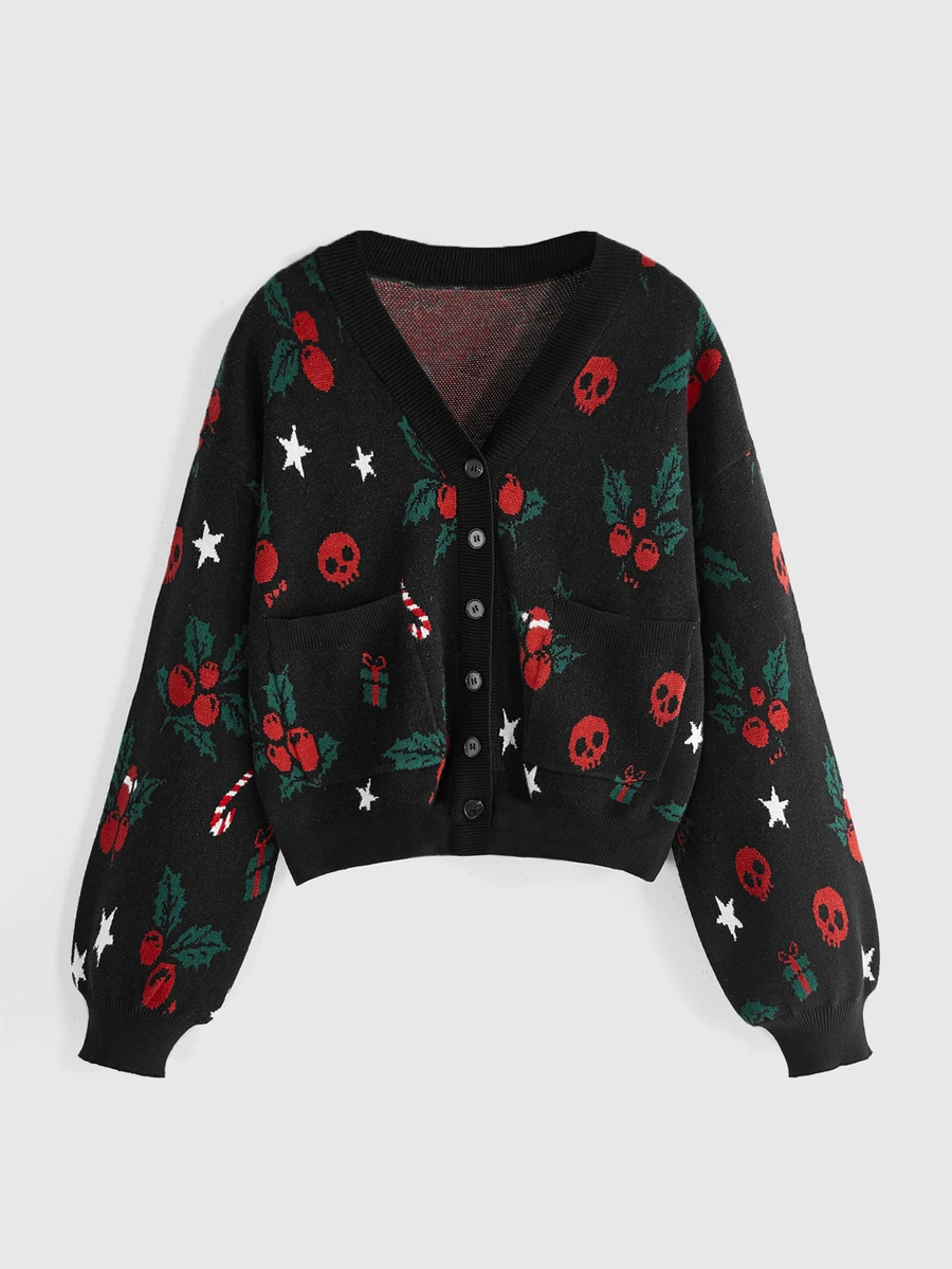 ROMWE Autumn/Winter Gothic Christmas Holly Berry Skull Jacquard Cardigan Sweater - Black - View 1