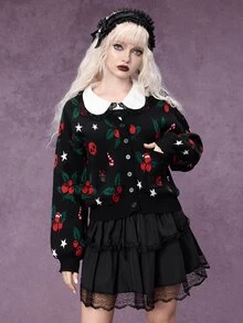 ROMWE Autumn/Winter Gothic Christmas Holly Berry Skull Jacquard Cardigan Sweater - Black - View 8