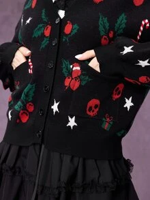 ROMWE Autumn/Winter Gothic Christmas Holly Berry Skull Jacquard Cardigan Sweater - Black - View 2