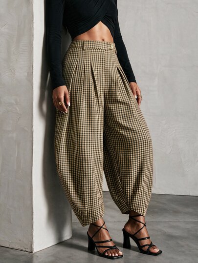 BamGlimmer Summer Valentine's Day New Year Holiday New Design Pleated Plaid Tapered Pants, Fashionable Vacation Casual Vintage Style, Travel, Office Work, Party