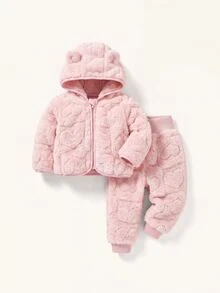 SHEIN Newborn Baby Girl Fluffy Cute Autumn/Winter Pink Heart Pattern Hooded Sweatshirt & Pants 2-Piece Set - Pink - View 2