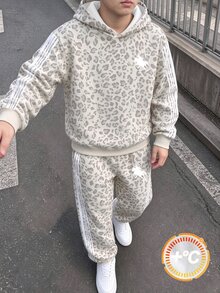 2pcs Set Tween Boy Leopard Print Minimalist ComfortableCrew Neck Sweatshirt & Sweatpants Outfit, Casual Comfortable, Back To School And Party - Multicolor - View 3