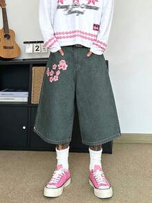 STEELVANCE StreetwearRetro Niche Design Branch Flower Embroidered Loose Wide Leg Casual Daily Summer Denim Shorts (Belt And Accessories Not Included) - Blue - View 1