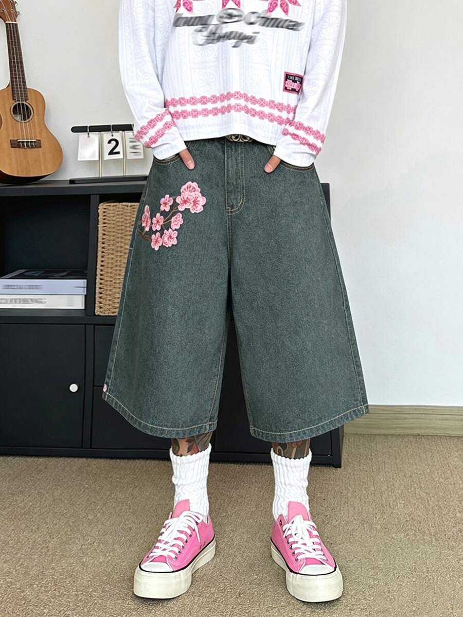 STEELVANCE StreetwearRetro Niche Design Branch Flower Embroidered Loose Wide Leg Casual Daily Summer Denim Shorts (Belt And Accessories Not Included) - Blue - View 1