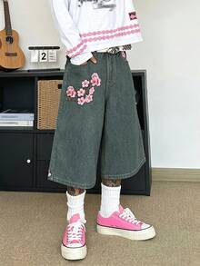 STEELVANCE StreetwearRetro Niche Design Branch Flower Embroidered Loose Wide Leg Casual Daily Summer Denim Shorts (Belt And Accessories Not Included) - Blue - View 6