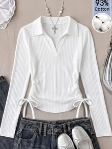 SHEIN Tween Girls Ribbed Long Kids Sleeve Polo Neck T-Shirts - White - View 3