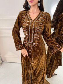 Mulvari فستان عربي نسائي بياقة على شكل حرف V بتصميم ألوان متباينة كاجوال للحفلات - بني - مشاهدة 6