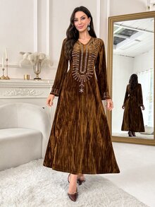 Mulvari فستان عربي نسائي بياقة على شكل حرف V بتصميم ألوان متباينة كاجوال للحفلات - بني - مشاهدة 5