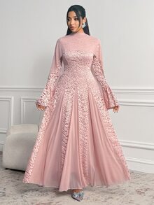 Veilorie Women's Lace Mesh Patchwork Elegant Waist-Cinched Party Dress - Dusty Pink - View 7