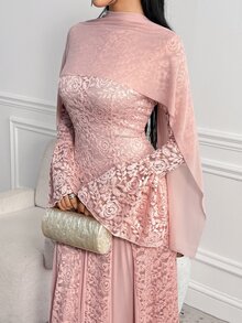 Veilorie Women's Lace Mesh Patchwork Elegant Waist-Cinched Party Dress - Dusty Pink - View 5