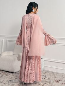 Veilorie Women's Lace Mesh Patchwork Elegant Waist-Cinched Party Dress - Dusty Pink - View 4