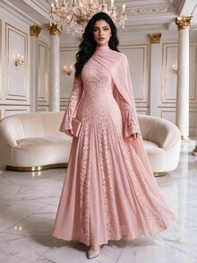 Veilorie Women's Lace Mesh Patchwork Elegant Waist-Cinched Party Dress - Dusty Pink - View 2