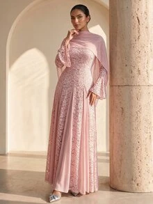 Veilorie Women's Lace Mesh Patchwork Elegant Waist-Cinched Party Dress - Dusty Pink - View 1