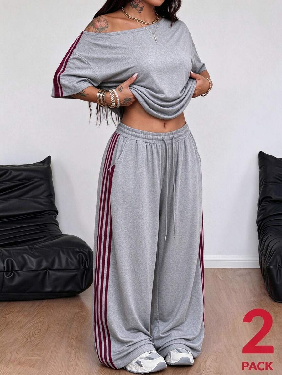 Coolane Women's Plus Size Summer Fall Casual Streetwear Basic Daily Wear Holiday Lounge Cold Shoulder T-Shirt And Wide Leg Sweatpants Grey Christmas