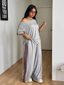 Coolane 女款大尺碼夏秋休閒街頭風基本款日常度假居家露肩T恤與寬腿運動長褲灰色聖誕款 - 灰色 - 查看 6