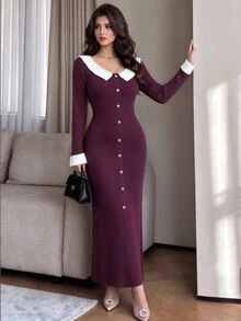 Seusyu Women's Colorblock Casual French Elegant Daily Wear Knit Dress Dinner Office Deep Purple Fall - Multicolor - View 1