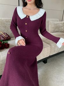 Seusyu Women's Colorblock Casual French Elegant Daily Wear Knit Dress Dinner Office Deep Purple Fall - Multicolor - View 8
