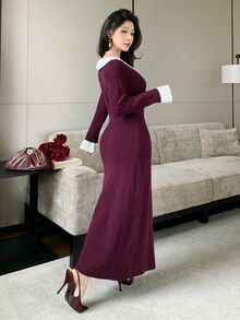 Seusyu Women's Colorblock Casual French Elegant Daily Wear Knit Dress Dinner Office Deep Purple Fall - Multicolor - View 2